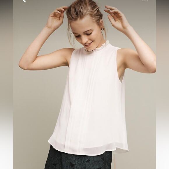 ANTHROPOLOGIE SUNDAY IN BROOKLYN WHITE PLEATED RUFFLE NECK BLOUSE - Picture 1 of 7